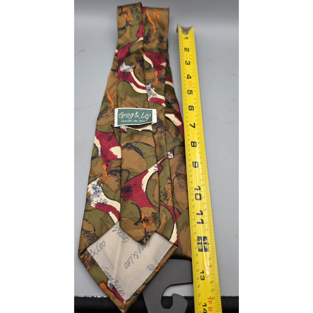Greg & Leo Made in Italy Mens Tie Abstract Floral Olive Burgundy Brown Necktie - Picture 2 of 7